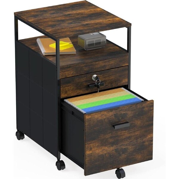 Rustic Brown Mobile Cabinet with Open Shelf and Lockable Drawer
