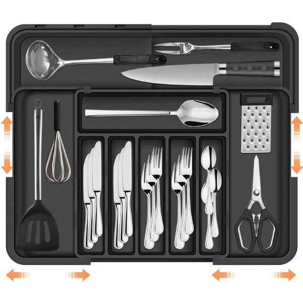 Expandable Cutlery Drawer Organizer 9 Compartments Non-Slip Black