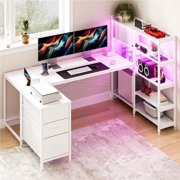 Advwin U Shaped Gaming Desk with LED Lights & Power Outlets Reversible 164cm Corner Computer Desk with 3 Drawers and Bookshelf White