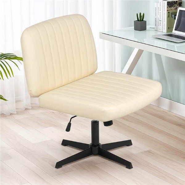Advwin Armless Office Chair Criss-Cross Desk Chair PU Leather Swivel Vanity Chair Ergonomic Computer Chair No Wheel Lounge Chair, Beige