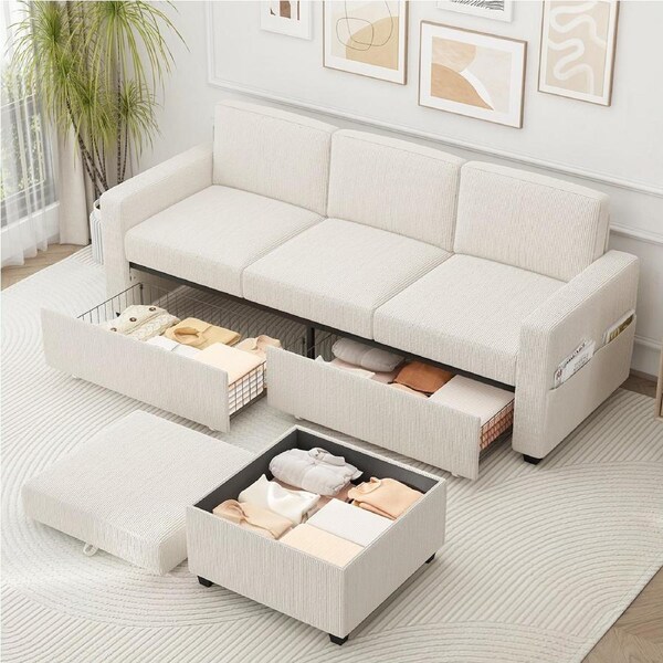 Advwin 3 Seater Sofa 197cm Corduroy Modular Corner Couch w/ Storage Ottoman & Drawers Lounge Chaise Beige