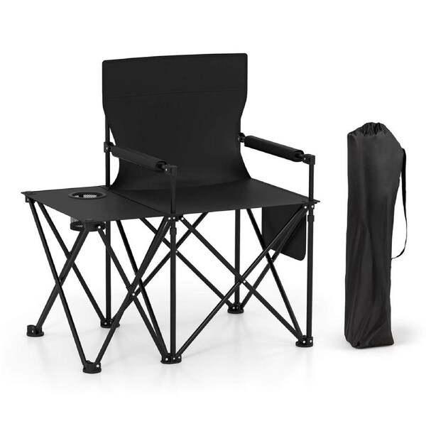Costway Folding Camping Chair w/Side Table 2 Storage Pockets Cup Holder Picnic Chair Black