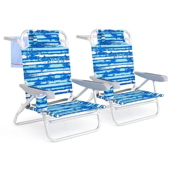 Costway 2-Pack Backpack Beach Chair Camping Picnic Chair w/5-Position Backrest Head Pillow & Cup Holder Blue