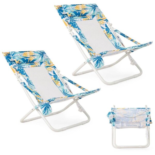 Costway 2 Pack Folding Sling Beach Chair Camping Picnic Chair w/Padded Head Pillow Mesh Back & Cup Holder Blue
