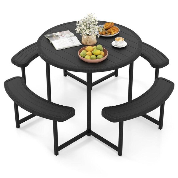 Costway 95cm Round Picnic Table Bench Set w/Umbrella Hole Patio Outdoor Dining Camping Table & Chairs Black