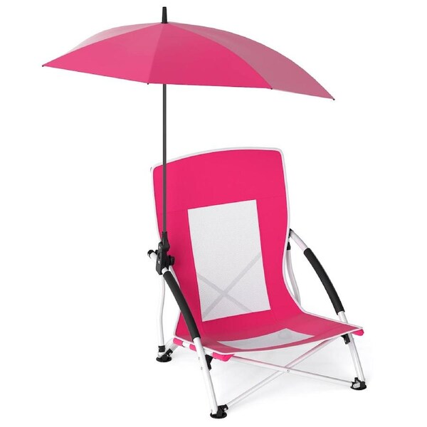 Costway Folding Beach Chair w/Adjustable Clip Parasol Umbrella Camping Outdoor Portable Fishing Backpack Chair Pink