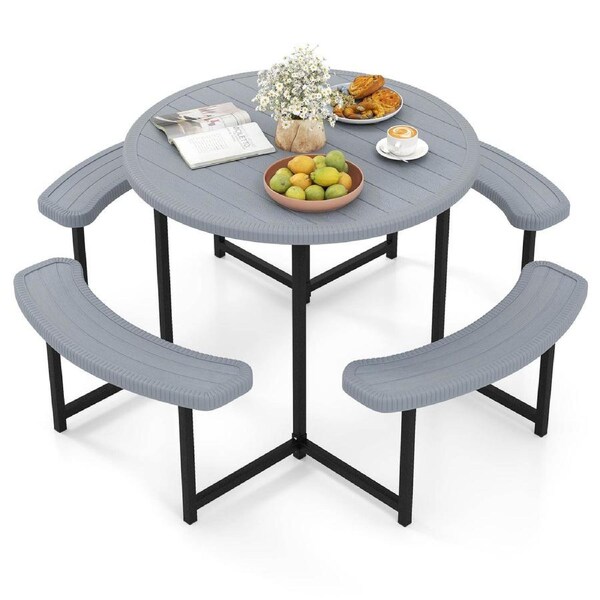 Costway 95cm Round Picnic Table Bench Set w/Umbrella Hole Patio Outdoor Dining Camping Table & Chairs Grey
