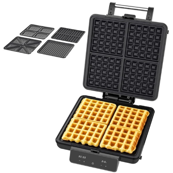 YOPOWER Waffle Maker with 4 Removable Plates, Sandwich Maker Breakfast Machine, Adjustable Temperature for Waffles, Paninis, Steak, Cake