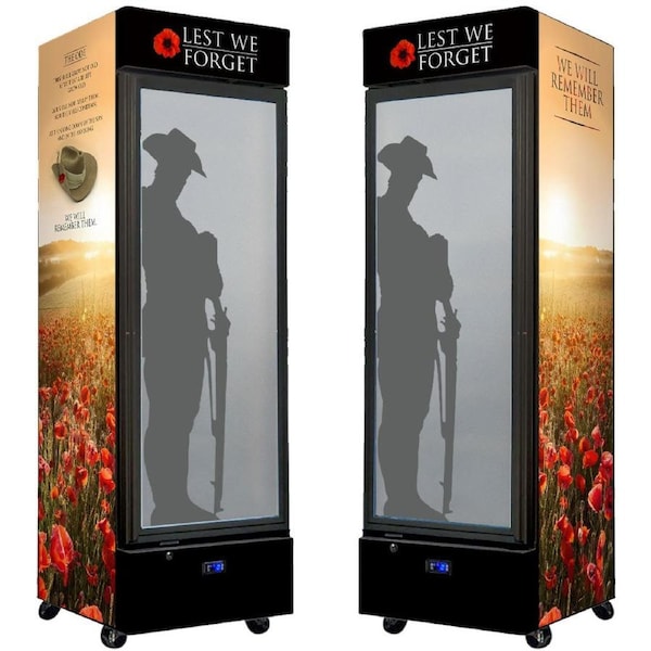 Lest We Forget Upright Quiet Running Black Glass Door Bar Fridge
