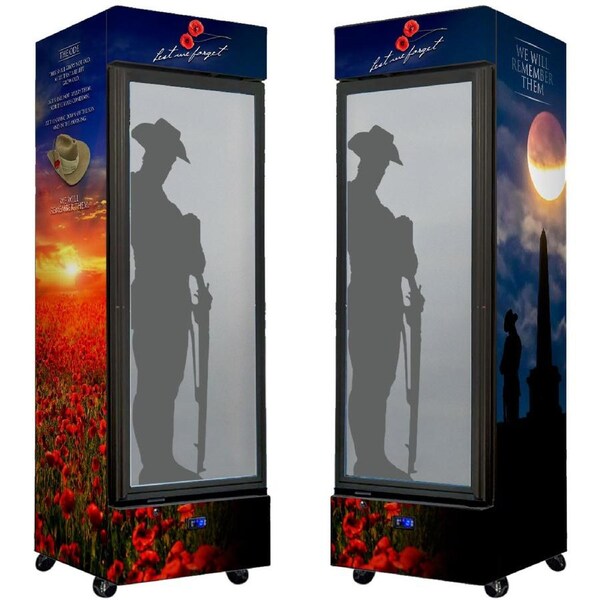 Lest We Forget Upright Quiet Running Black Glass Door Bar Fridge