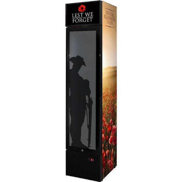 Skinny Upright Bar Fridge With Lest We Forget Design