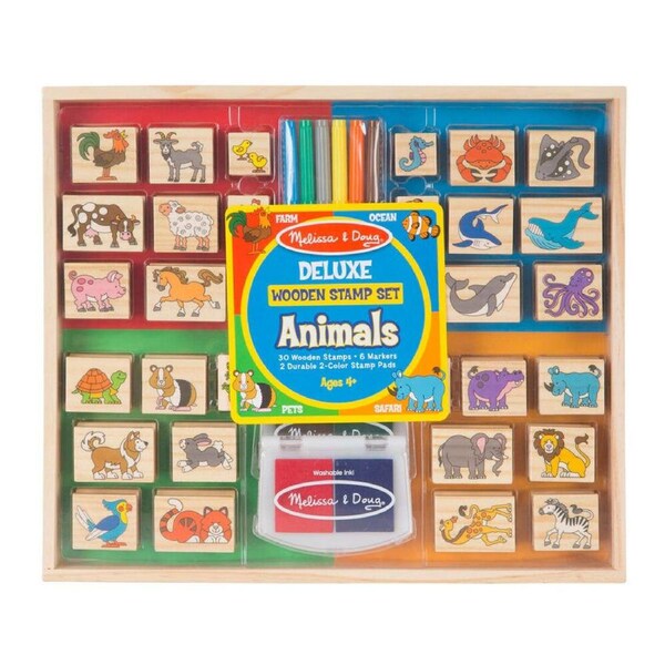 30pc Melissa & Doug Deluxe Wooden Stamp Set Kit Kids Toy Animals 4y+