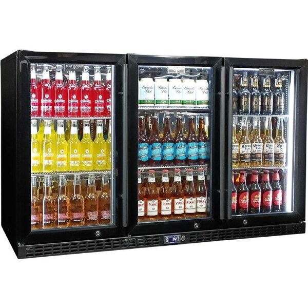 Schmick Black 3 Door Quiet Running Heated Glass Door Bar Fridge