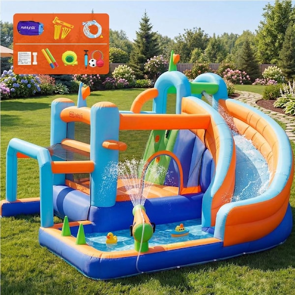 AirMyFun Water Jumping Castle Inflatable Kids Pool Slide Soccer Goalpost