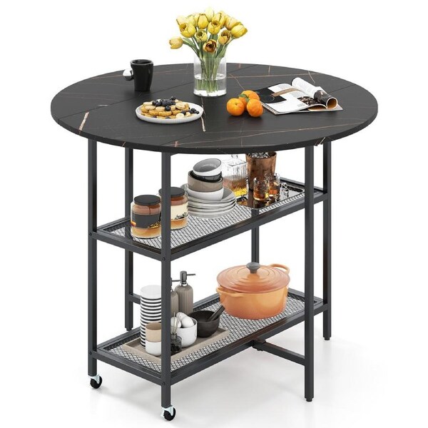 Giantex Mobile Folding Dining Table Round Drop Leaf Kitchen Table w/Storage Shelves Extendable Desk Black