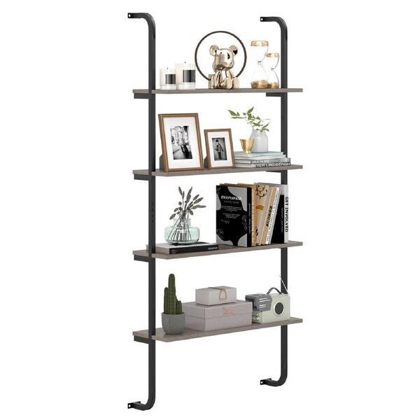 Giantex 4-Tier Wall Mounted Ladder Bookshelf Industrial Wood Shelving Metal Frame Display Rack Grey