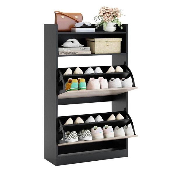 Costway 2 Flip Drawers Shoe Cabinet Storage Hidden Freestanding Wooden Shoe Rack Hallway Foyer Black Wood Grain
