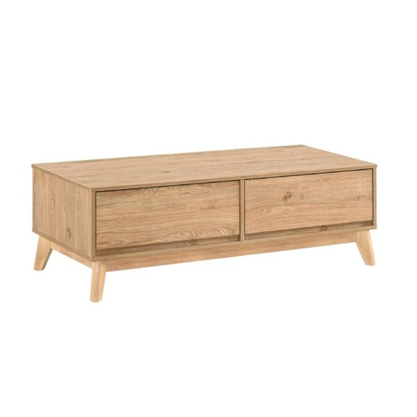 Design Square Scandinavian Coffee Table - 2 Drawers, Oak Finish, Rubberwood Legs, 120cm