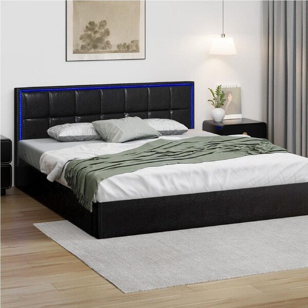 Oikiture Bed Frame King Size RGB LED Gas Lift Storage Base Leather