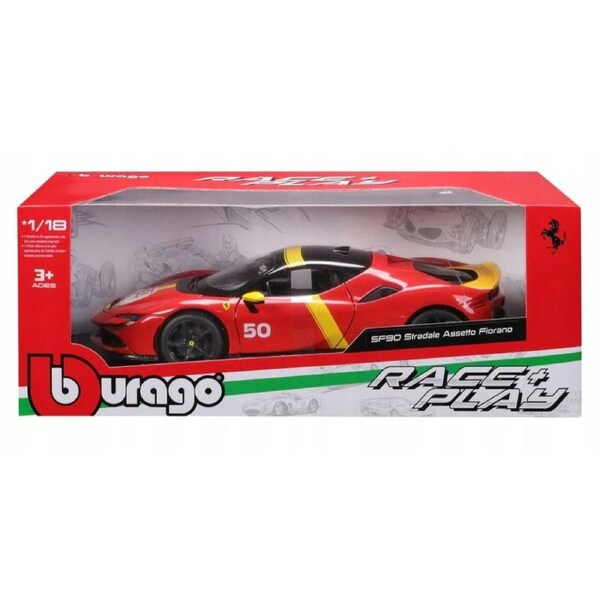 Bburago Race and Play 2024 Ferrari SF90 Stradale Assetto Fiorano #50 Red and Yellow 1:18 Scale Diecast Vehicle
