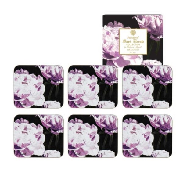 Ashdene Kitchen Cork Backed Drink Coasters Dark Floral Peony Set 6