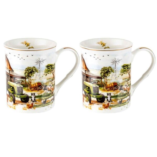 Country Life Vintage Green Tractor John Deere Bone China Mugs Set of 2