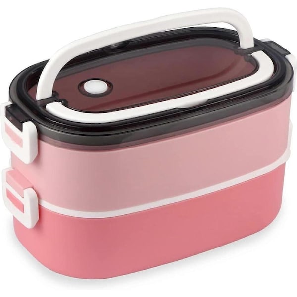 Stackable Bento Box, Leakproof Bento Box with Portable Handle, 1600ML Bento Box with Utensils, Food Safe Material, Pink Bento Box for Adult Kids, Mi