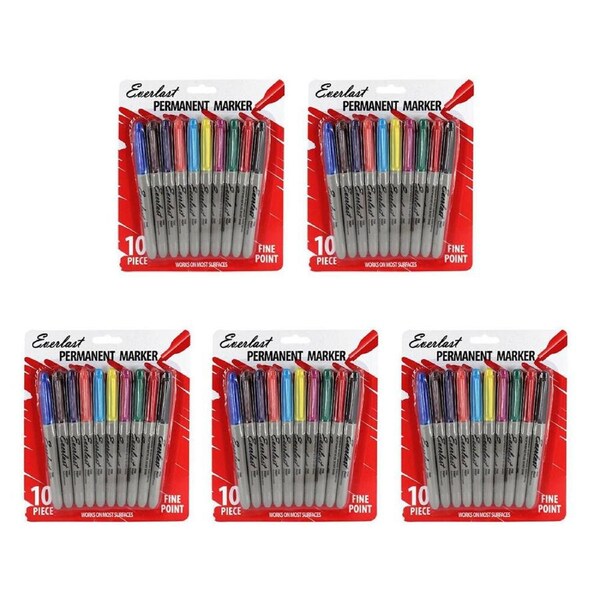 5x 10pc Everlast Fine Point Coloured Permanent Markers Writing Stationery