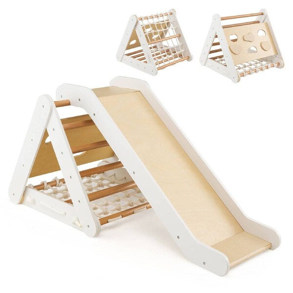 Costway Climb Playset 4 in 1 Jungle Gym Play Center Wooden Playground Set Indoor w/Slide Climbing Net Ladder Natural