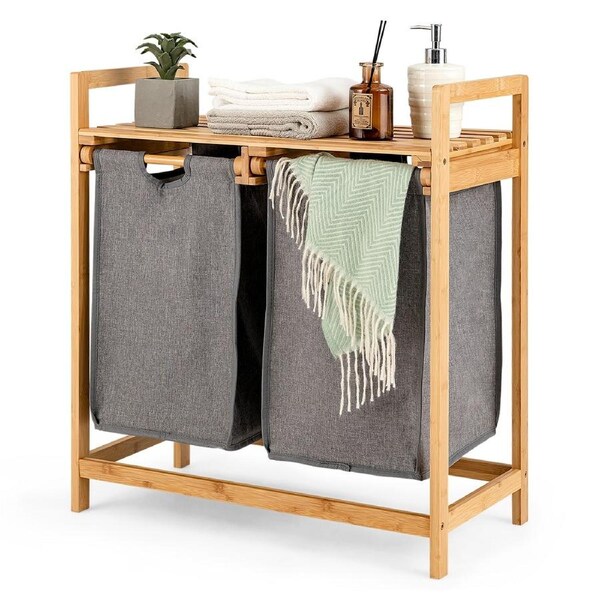 Costway Bamboo Hamper Basket Storage Organizer w/Dual Compartments Bathroom Laundry Natural