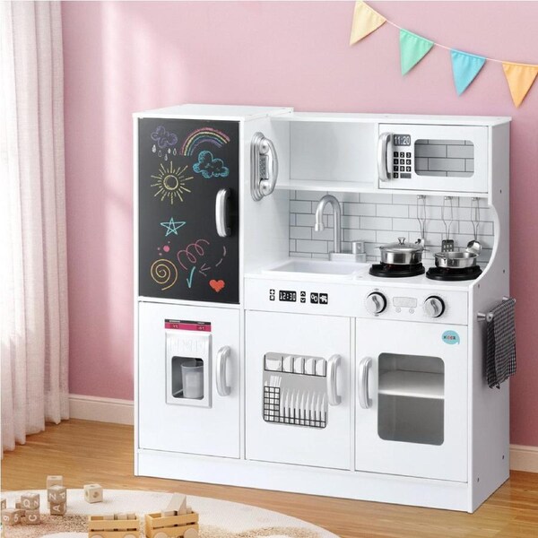 Keezi Kids Wooden Pretend Kitchen Play Set Ice Cup Oven Blackboard 80CM White