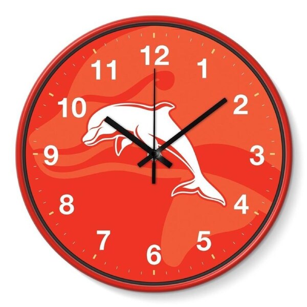 NRL Wall Clock - Dolphins - Plastic - 30cm Diameter - Team Logo