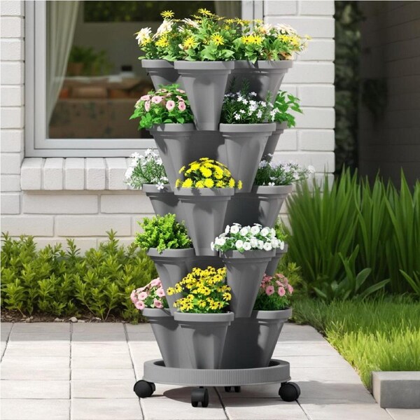 Green Fingers Raised Garden Bed 5 Tier Vertical Garden Grey Strawberry Stackable Planters Herbs