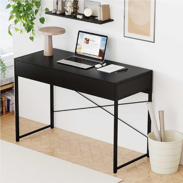Costway Computer Desk Steel Frame 111CM Study Writing Table w/2 Drawers PC Storage Desk Home Office Black