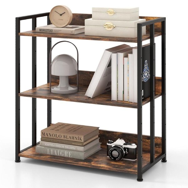 Costway 3-Tier Storage Rack Metal Frame Display Shelf Multipurpose Shelving Unit w/Adjustable Shelves Living Room Kitchen, Brown