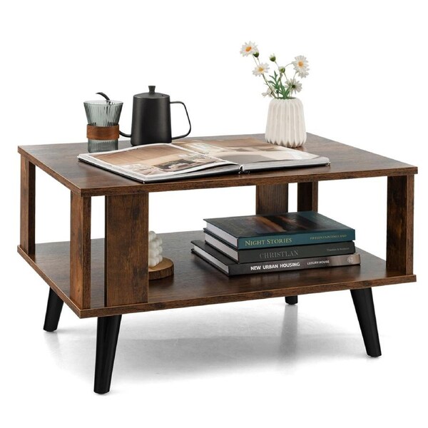 Costway 2-Tier Wood Coffee Table w/Open Storage Shelf Brown