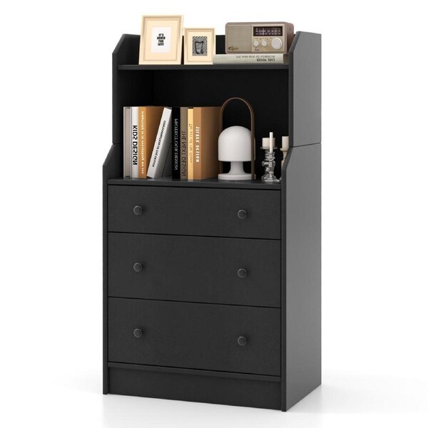 Costway 3-Drawer Utility Storage Units 111cm Tallboy Organizer Chest of Drawers Living room Bedroom w/Shelves Black