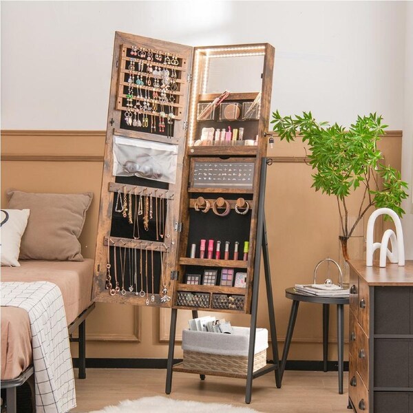 Costway Mirror Jewellery Cabinet Lockable Jewelry Organizer Brown
