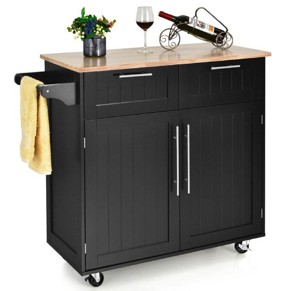Costway Kitchen Island Trolley Serving Cart Rolling Storage Cabinet w/Rubber Wood Top/Towel Rack/Drawer, Black