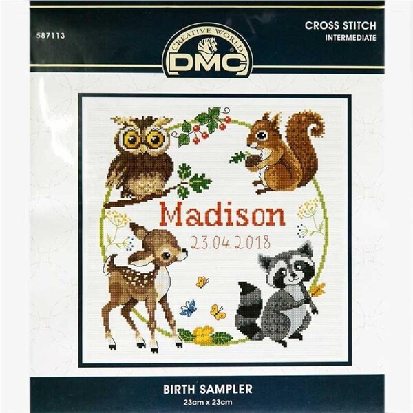 DMC Birth Sampler Cross Stitch Kit Madison 23x23cm Personalize