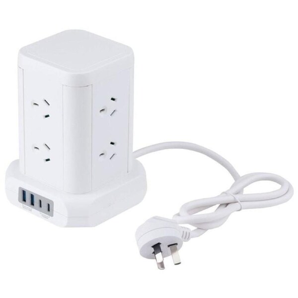 Arlec PB8PDTW-P 8 Outlet 20W 2A 2C Power Tower with Child Safe White