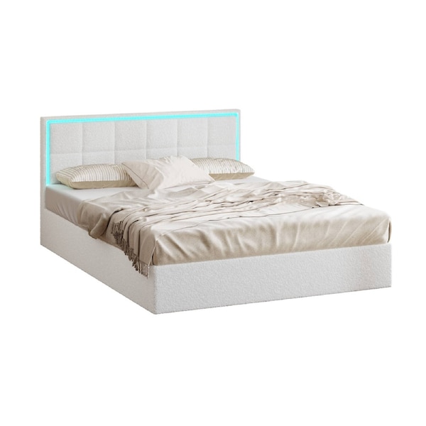 Oikiture Bed Frame Queen Size RGB LED Gas Lift Storage Base White Boucle