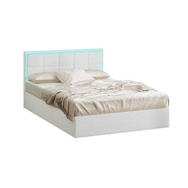 Oikiture Bed Frame Double Size RGB LED Gas Lift Storage Base White Boucle