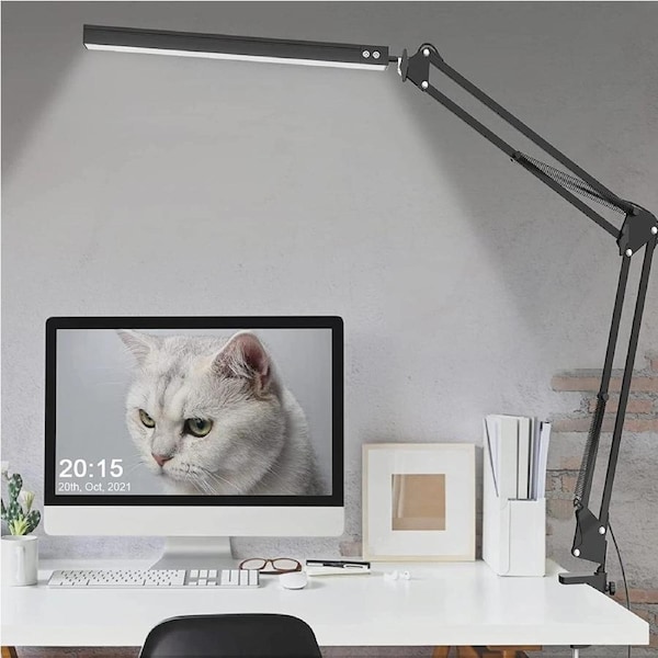 Dimmable LED Desk Lamp Clamp On 3 Color 10 Modes Swing Arm USB Powered