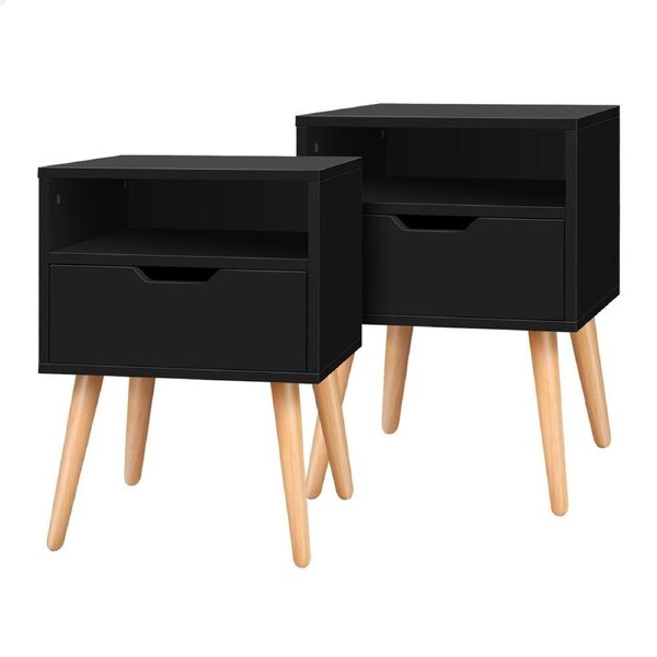 ALFORDSON Set of 2 Bedside Table - 1 Drawer & Shelf Bedside Table (Black)