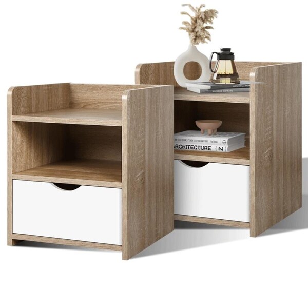 ALFORDSON 2x Bedside Table Nightstand Storage 1 Drawer Oak & White