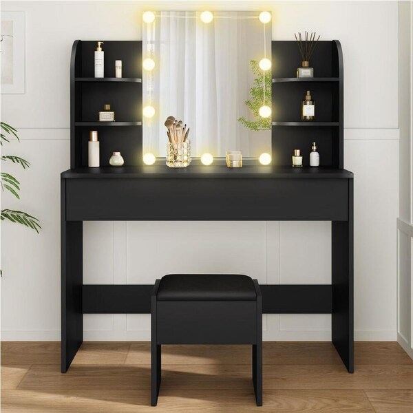 ALFORDSON Dressing Table Stool Set LED Bulbs Makeup Mirror Black