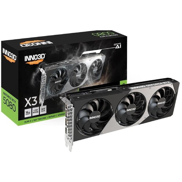 INNO3D nVidia GeForce RTX 5080 X3 16GB GDDR7 2617 MHz Boost Clock, RAM 30 Gbps, 3x DP, 1xHDMI 300x116x41mm Dual Slot