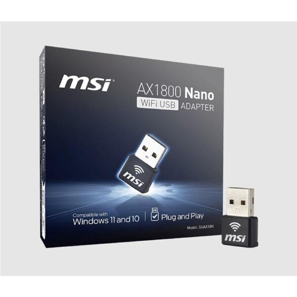 MSI GUAX18N AX1800 WiFi USB Adapter, 2.4GHz / 5GHz, 2x Dual Antennas, USB 2.0, Windows 10 / 11