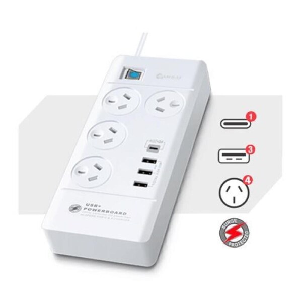 Sansai 4 Outlet 3xUSB-A & 1xUSB-C Powerboard Master On/Off switch Surge and overload protected Fast charging 1M 20W 220-240V 10A IV Retail box